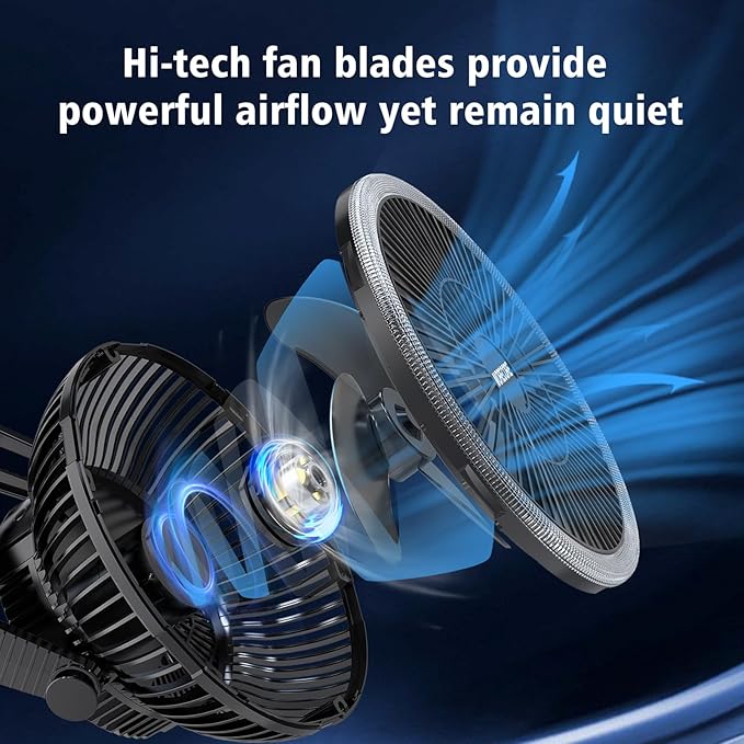 Rechargeable tent fan with 3 speed settings and long battery life