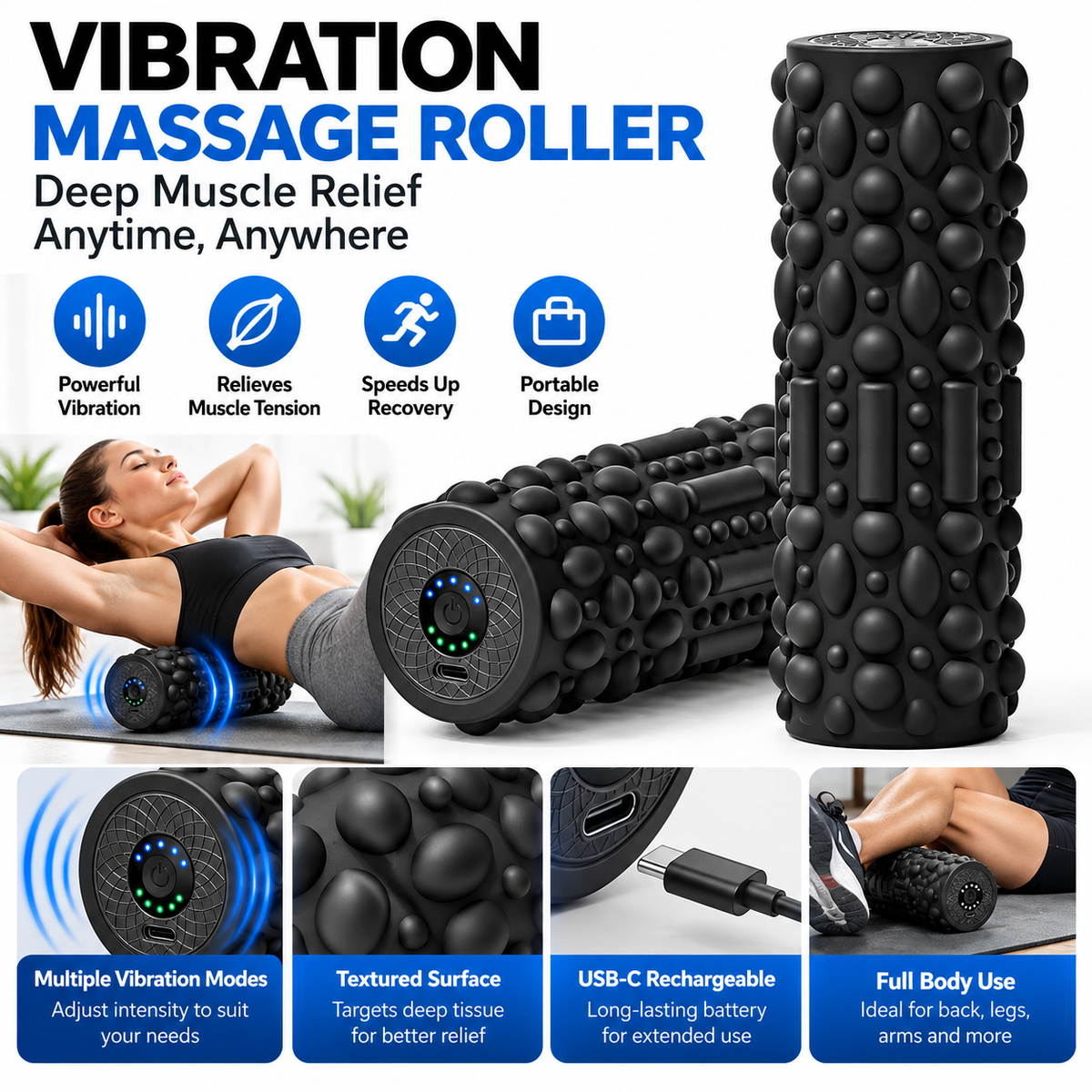 Rechargeable vibration massage roller designed for cordless fitness use.