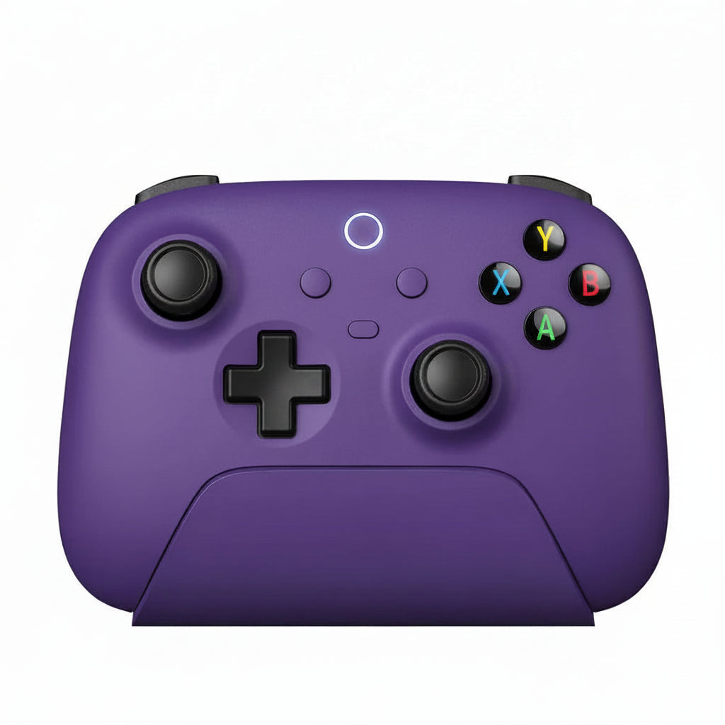 Rechargeable wireless gaming controller on desk with charging dock