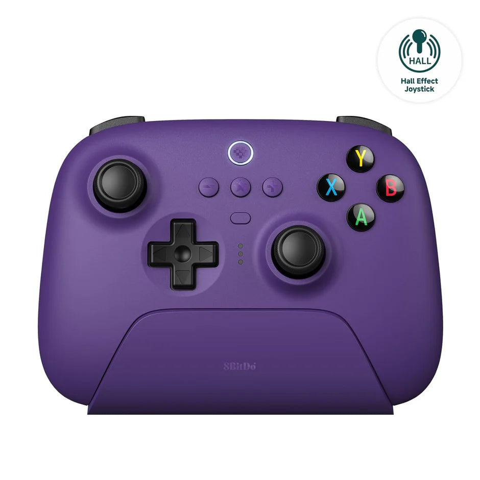 Rechargeable wireless gaming controller on desk with charging dock