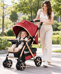 Reclining-style stroller with extended burgundy canopy for everyday family outings