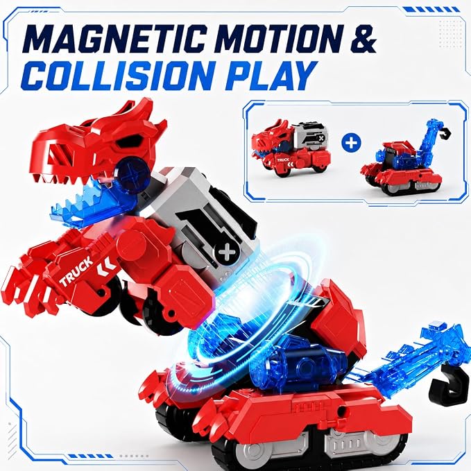 Red dinosaur transforming robot made from toy vehicles