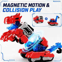 Red dinosaur transforming robot made from toy vehicles