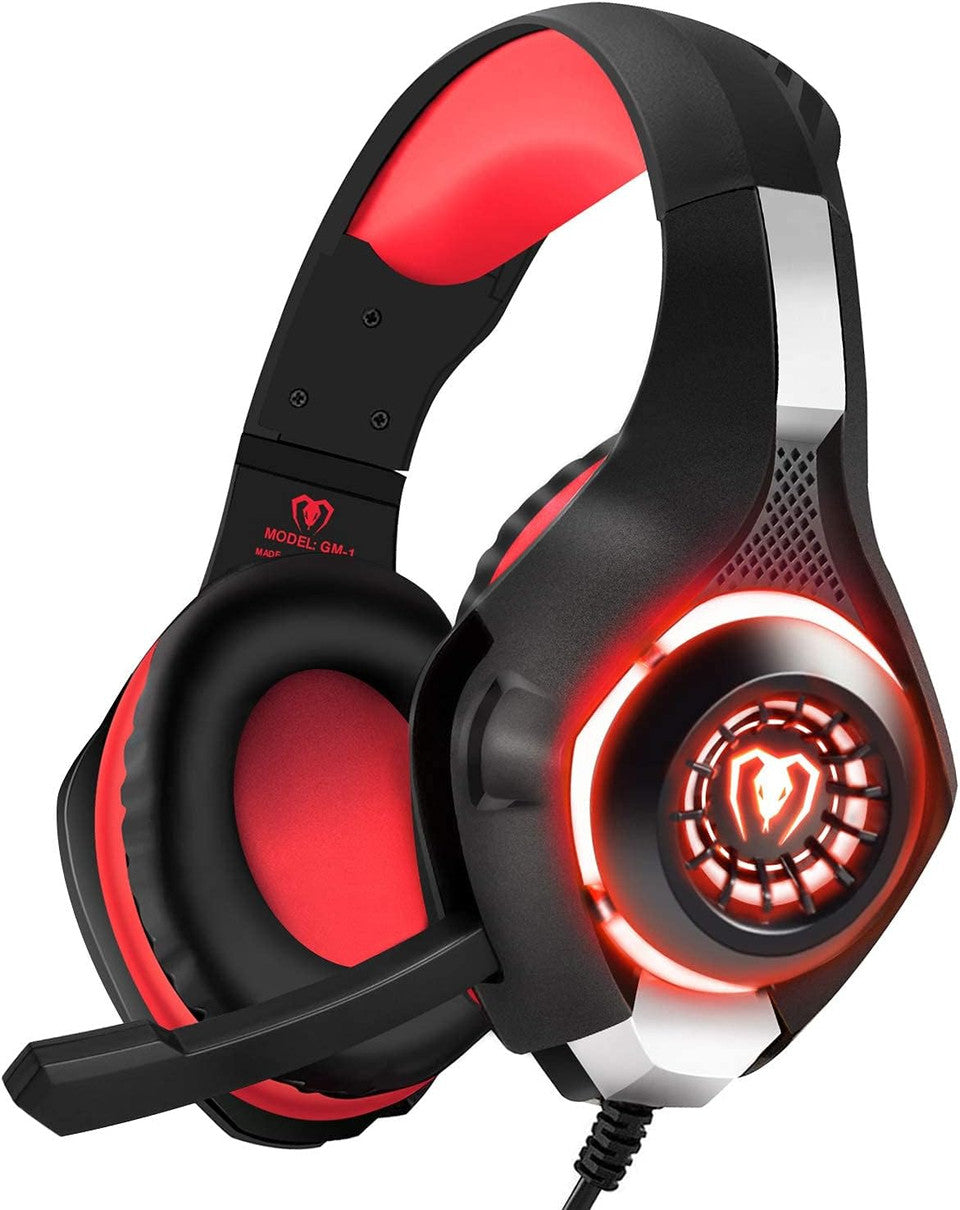 Red stereo gaming headset front view with LED lights and microphone