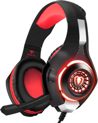 Red stereo gaming headset front view with LED lights and microphone