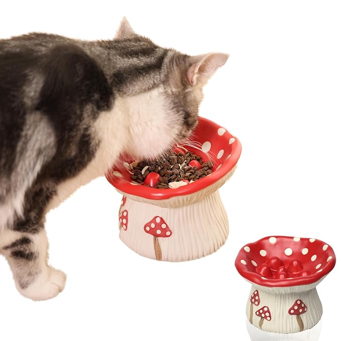 Red Mushroom Ceramic Pet Bowl for Cats and Dogs