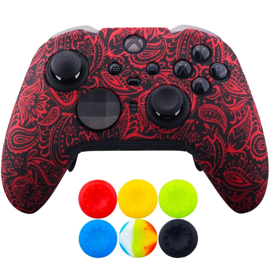 Red plant print silicone controller cover front view with thumb grip caps