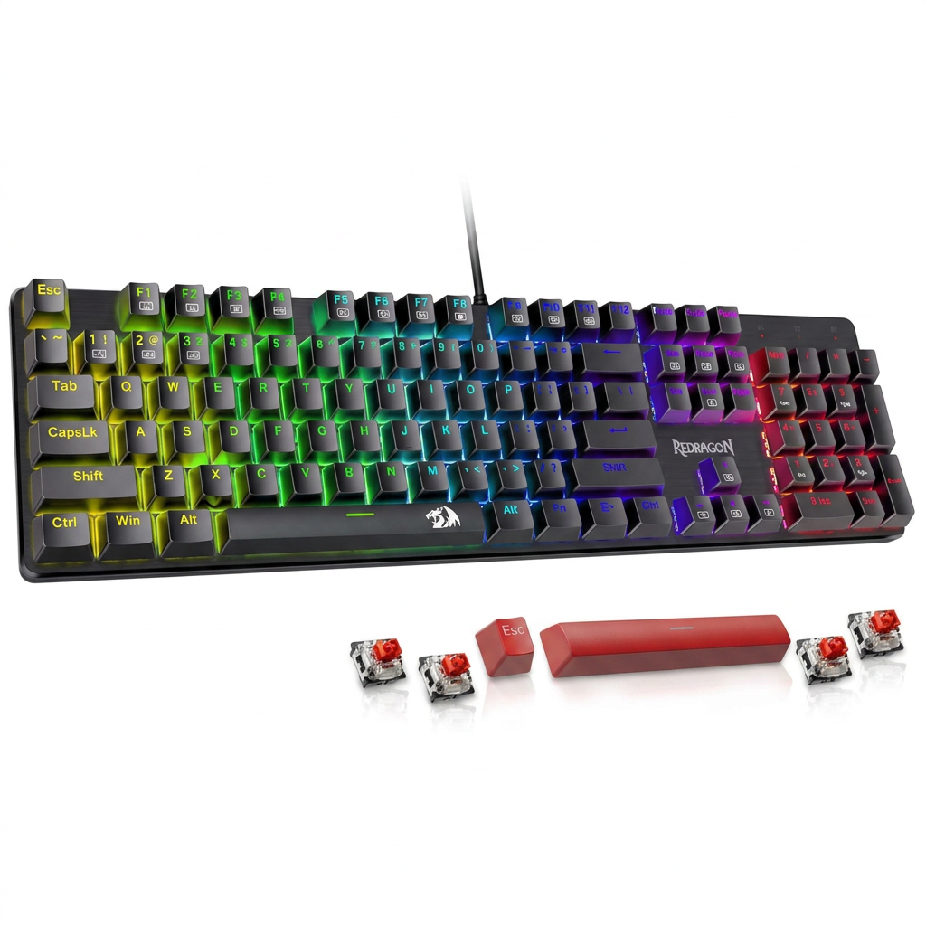 Redragon mechanical gaming keyboard with RGB lighting on white background