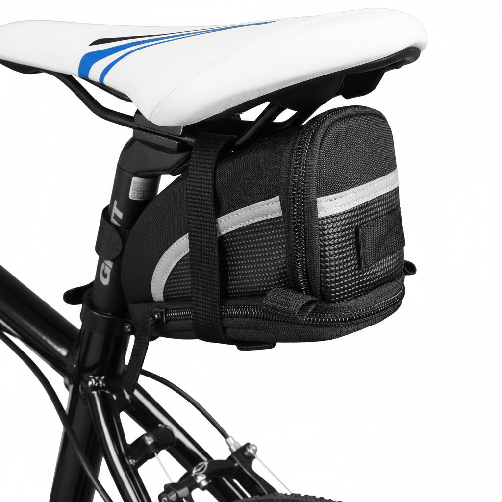Reflective bike saddle bag for cycling accessories and essentials