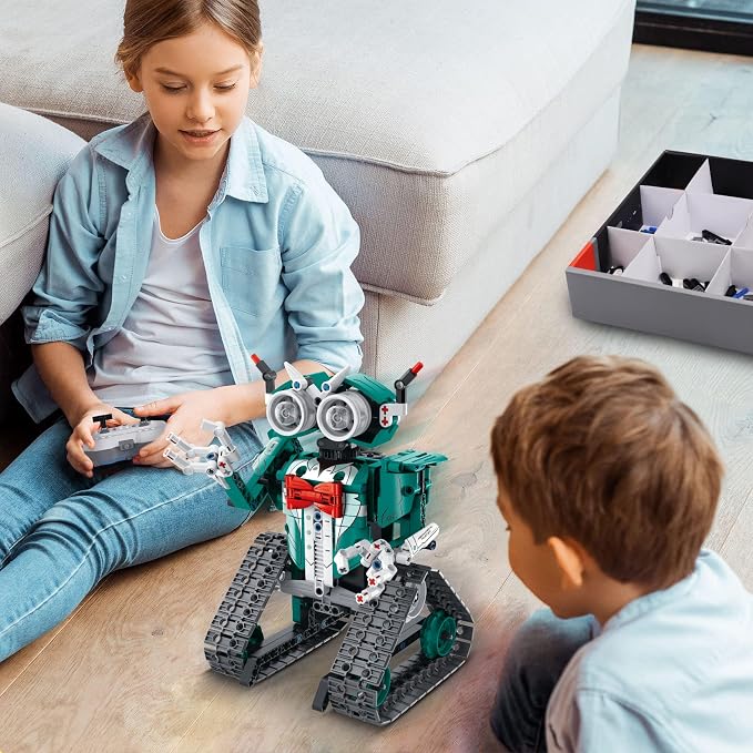 Remote control car building toy shown with its handheld controller.