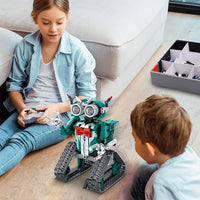 Remote control car building toy shown with its handheld controller.