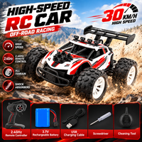 Remote control car for kids with a compact racing-style body and off-road wheels.