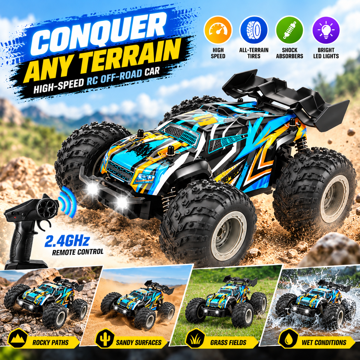 Remote control car with a rugged truck-inspired body and big wheel design.