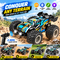 Remote control car with a rugged truck-inspired body and big wheel design.