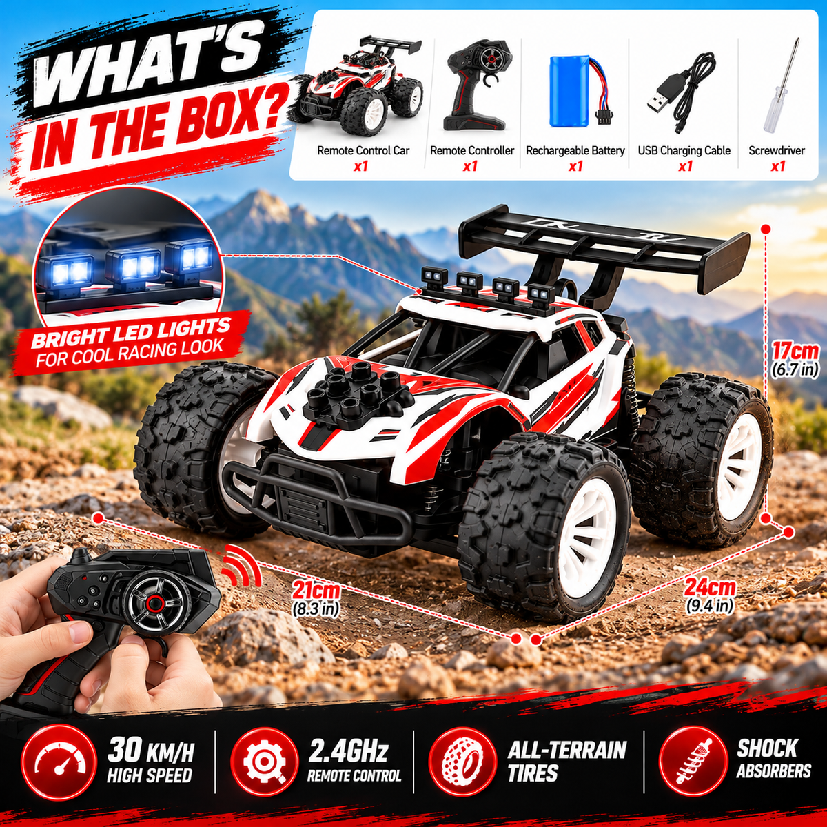 Remote control car displayed alongside its compatible 2.4GHz wireless controller.