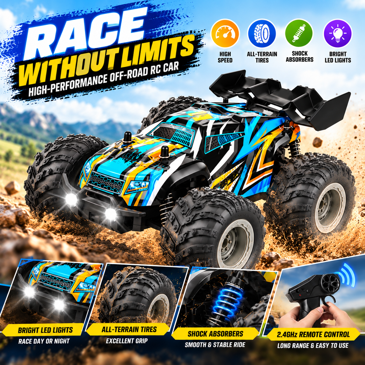 Remote control monster truck featuring large tyres and a sporty racing appearance.