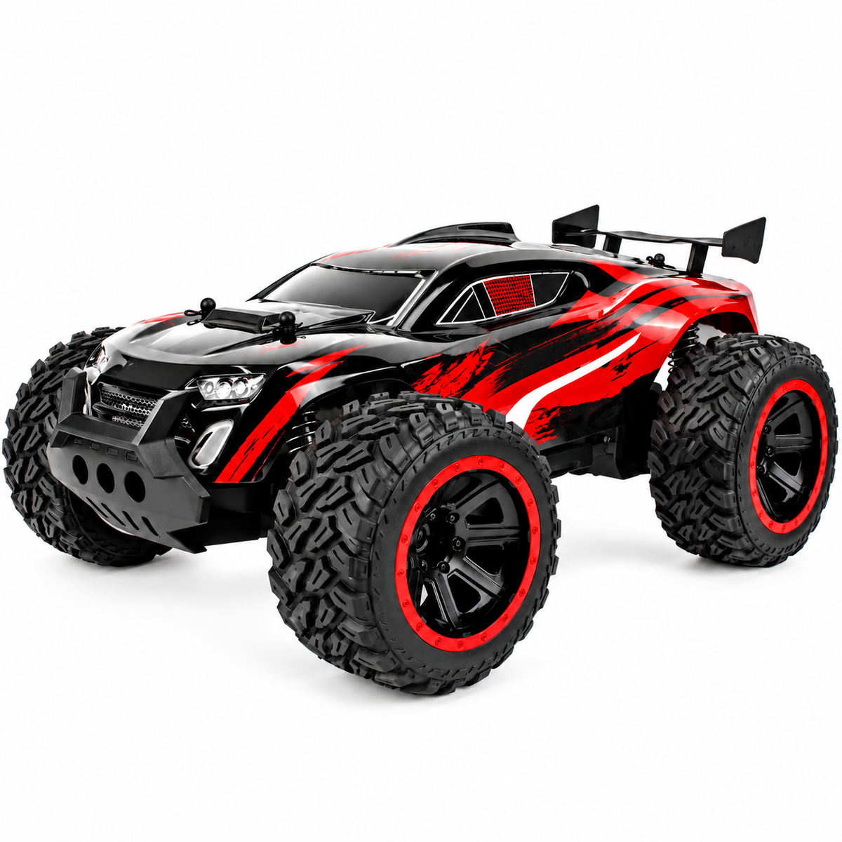 Remote control monster truck shown from the side with its wheel and body details.