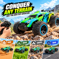Remote control off-road racing car displayed with its large-wheel design.