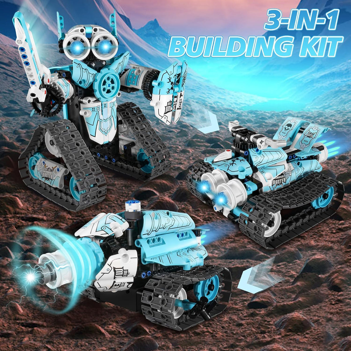 Remote control robot building kit displayed with its handheld controller.