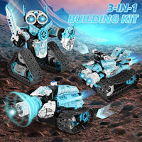 Remote control robot building kit displayed with its handheld controller.