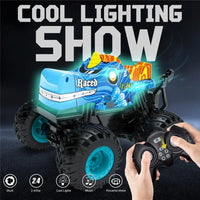 Blue remote control toy car with stunt features
