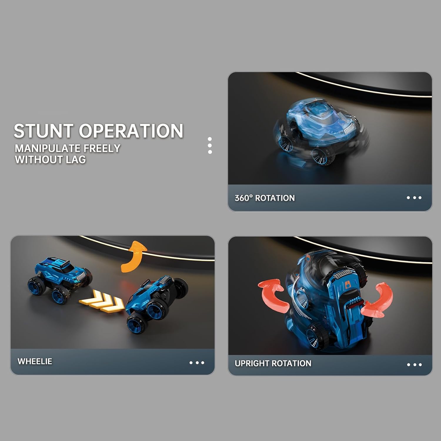 Remote control toy car with LED lighting and stunt functions