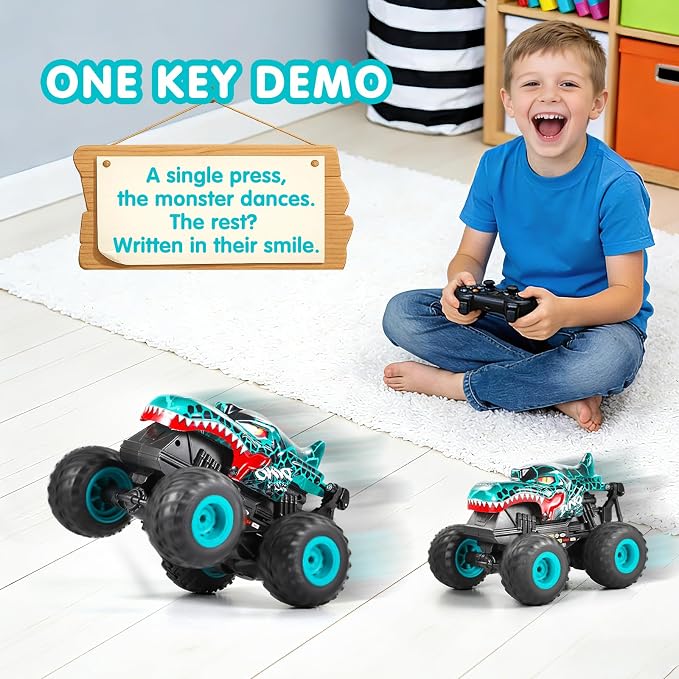 Remote control toy car with dinosaur monster truck styling