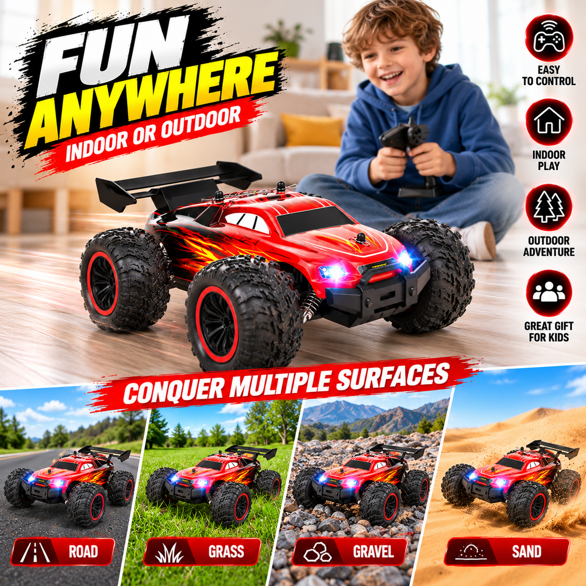 Remote control truck showing its large tyres and exterior details.