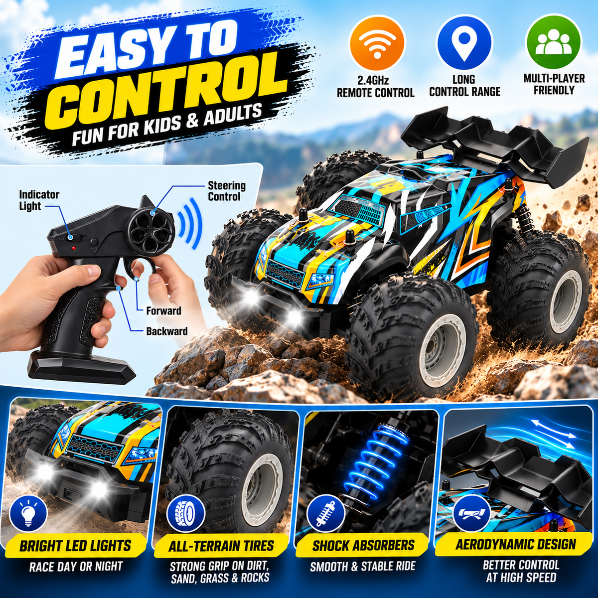 Remote control truck displayed alongside its handheld remote controller.