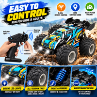 Remote control truck displayed alongside its handheld remote controller.