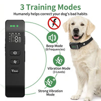 Remote dog training collar with handheld controller and adjustable settings