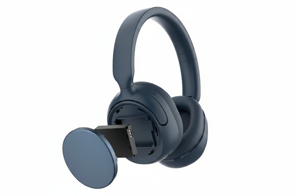 Wireless headphones with removable rechargeable battery compartment