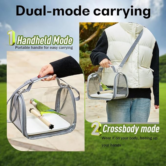 easy-clean removable tray and standing perch for bird backpack