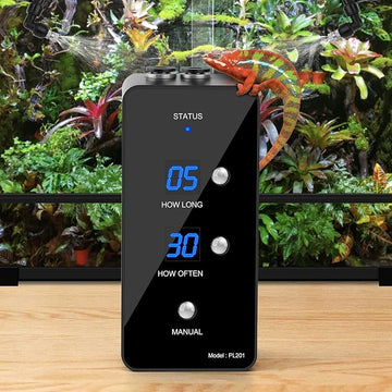 "Reptile Humidifier Misting System for Terrariums with Adjustable Spray Nozzles in Black
