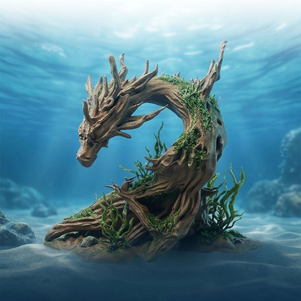 Resin Dragon Aquarium Decor with Wood Grain Style Design