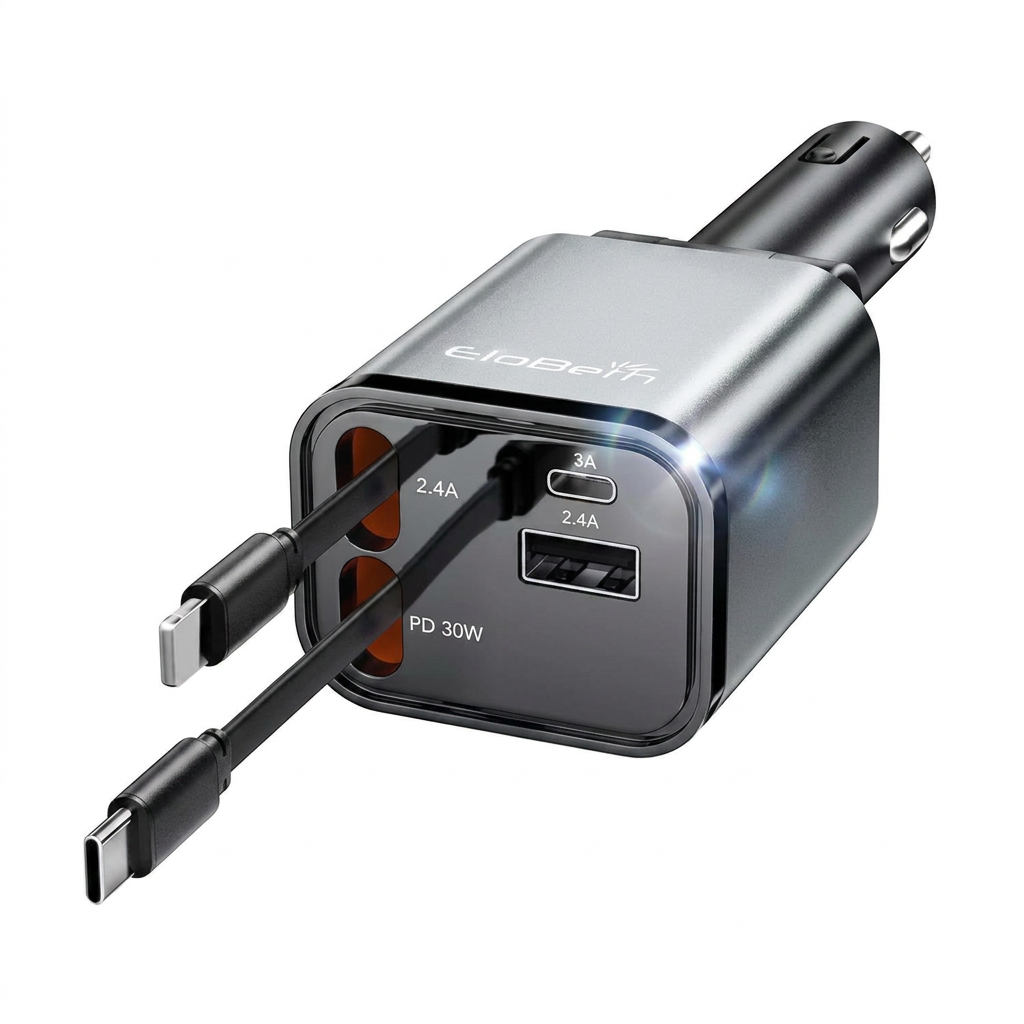 Retractable Car Charger Front View, 69W USB C Fast Charging Adapter for iPhone and Galaxy