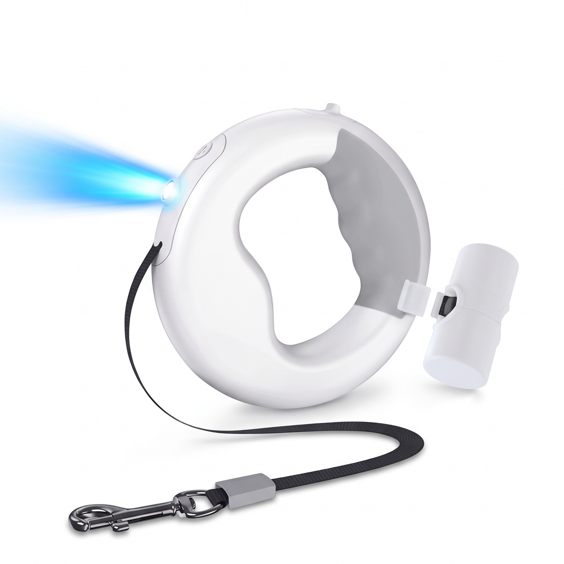 Automatic retractable dog leash with integrated LED light and waste bag dispenser