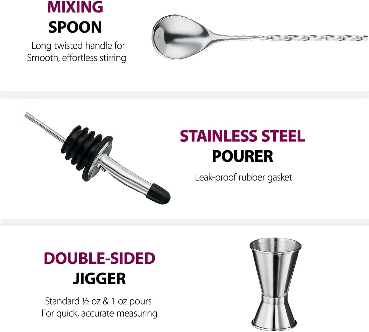 Reusable drink shaker set with coordinated mixing accessories
