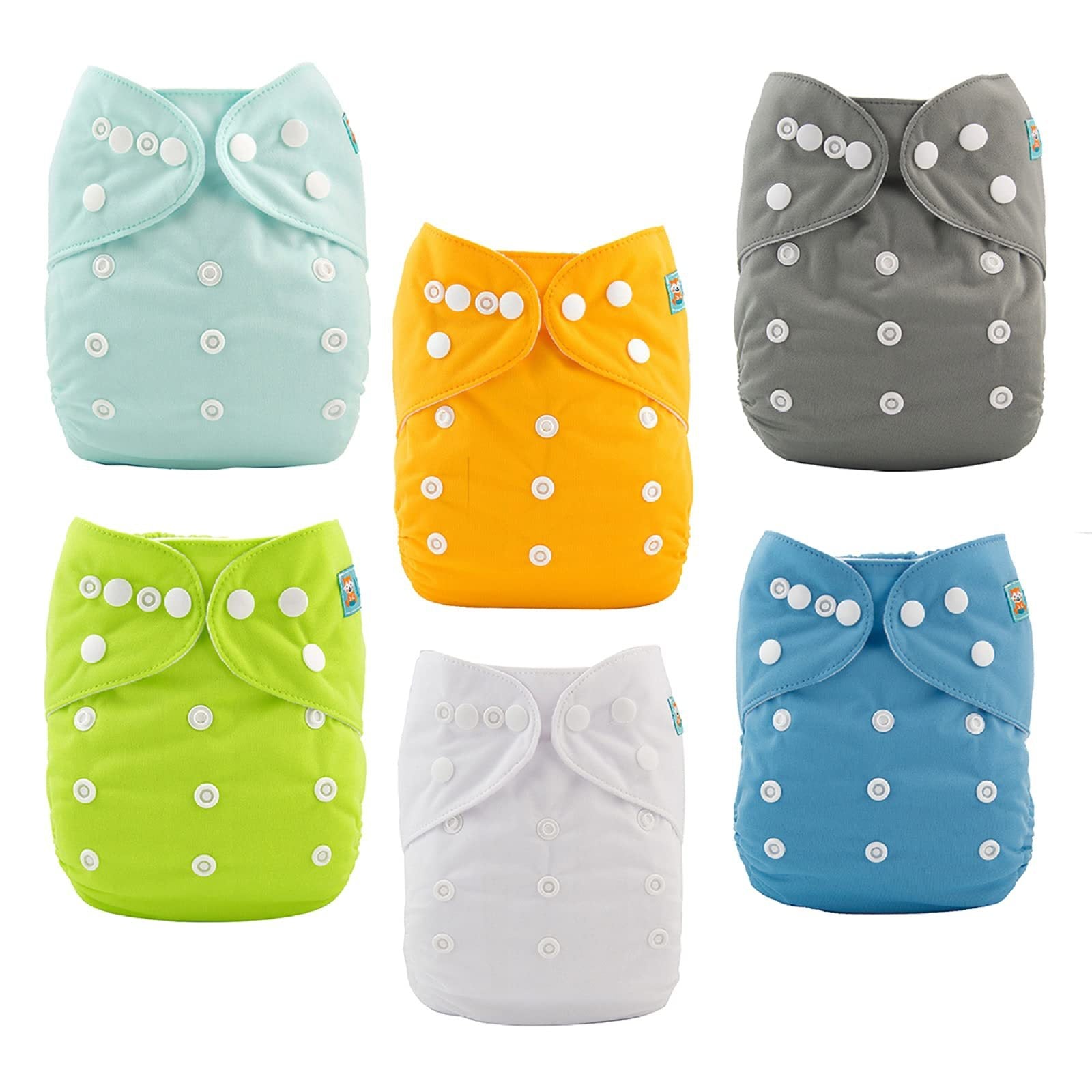 Set of six colourful reusable pocket cloth diapers arranged in a row