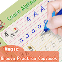 Reusable writing practice books with grooved tracing design