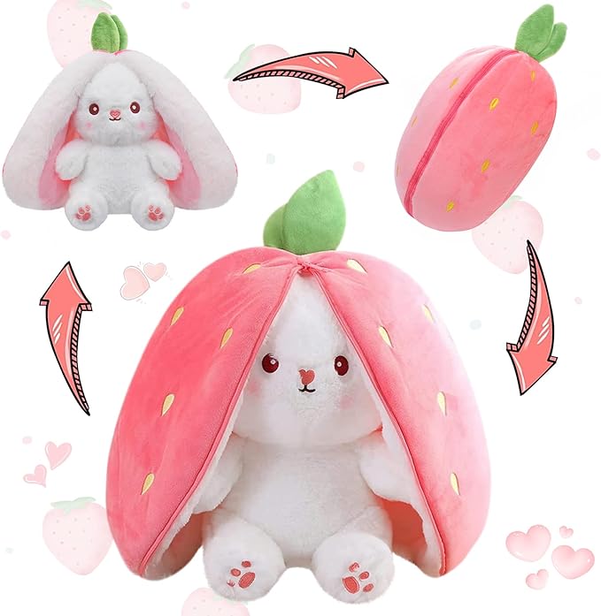 Reversible cuddle bunny plush toy transforming from strawberry bunny to rabbit