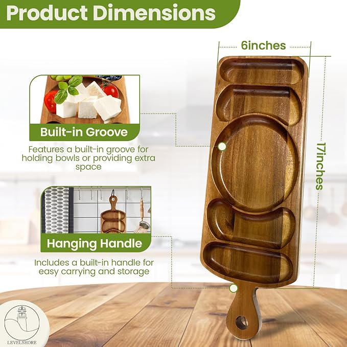 Reversible wooden platter arranged with appetizers and vegetables