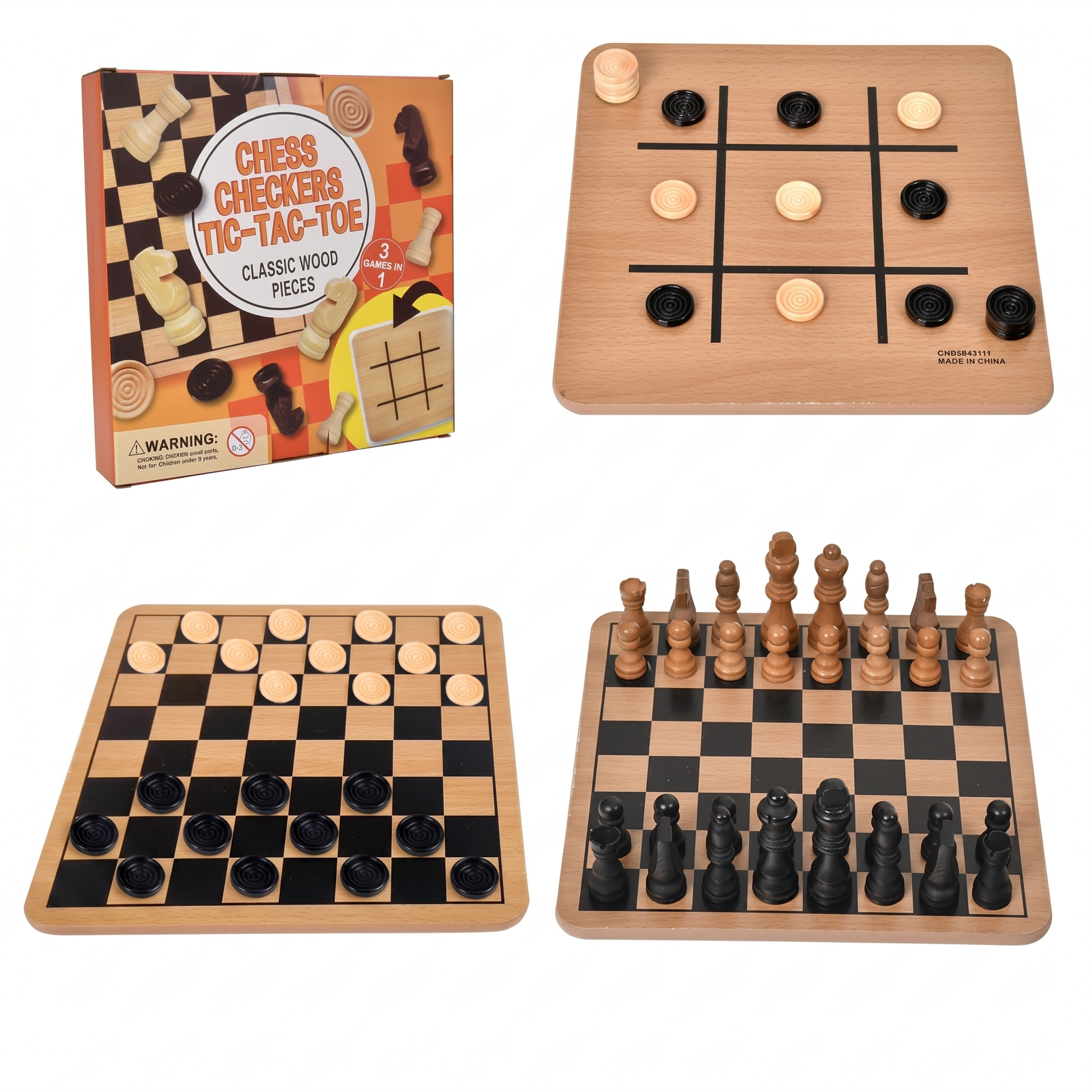 Reversible Wooden Board Game Set for Chess, Checkers, and Tic-Tac-Toe