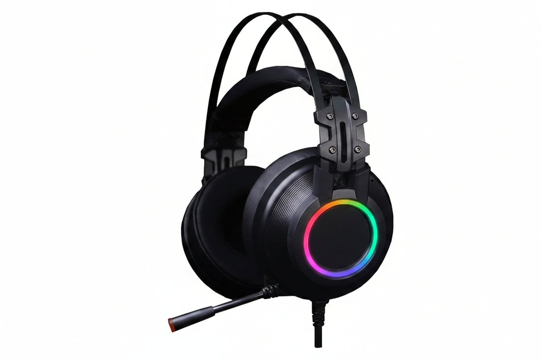RGB gaming headphones front view with cushioned ear pads