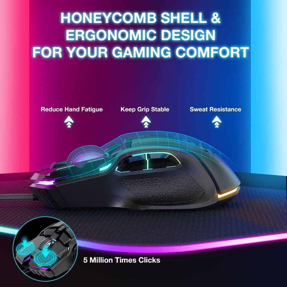 Wired gaming mouse  RGB front view with LED lighting