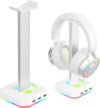 White RGB headphone stand front view with LED light