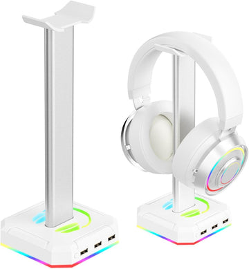White RGB headphone stand front view with LED light