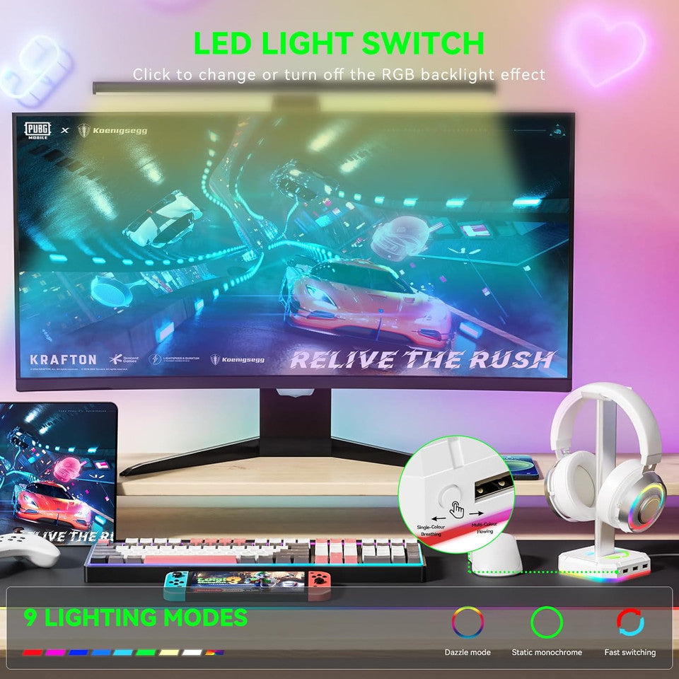 RGB headphone stand used in gaming desk setup