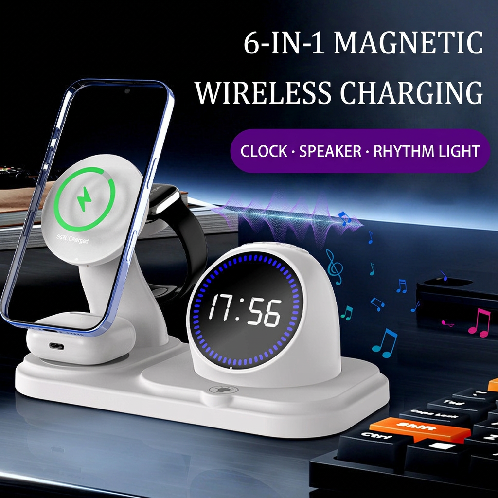 RGB light clock speaker charging station for desk setup