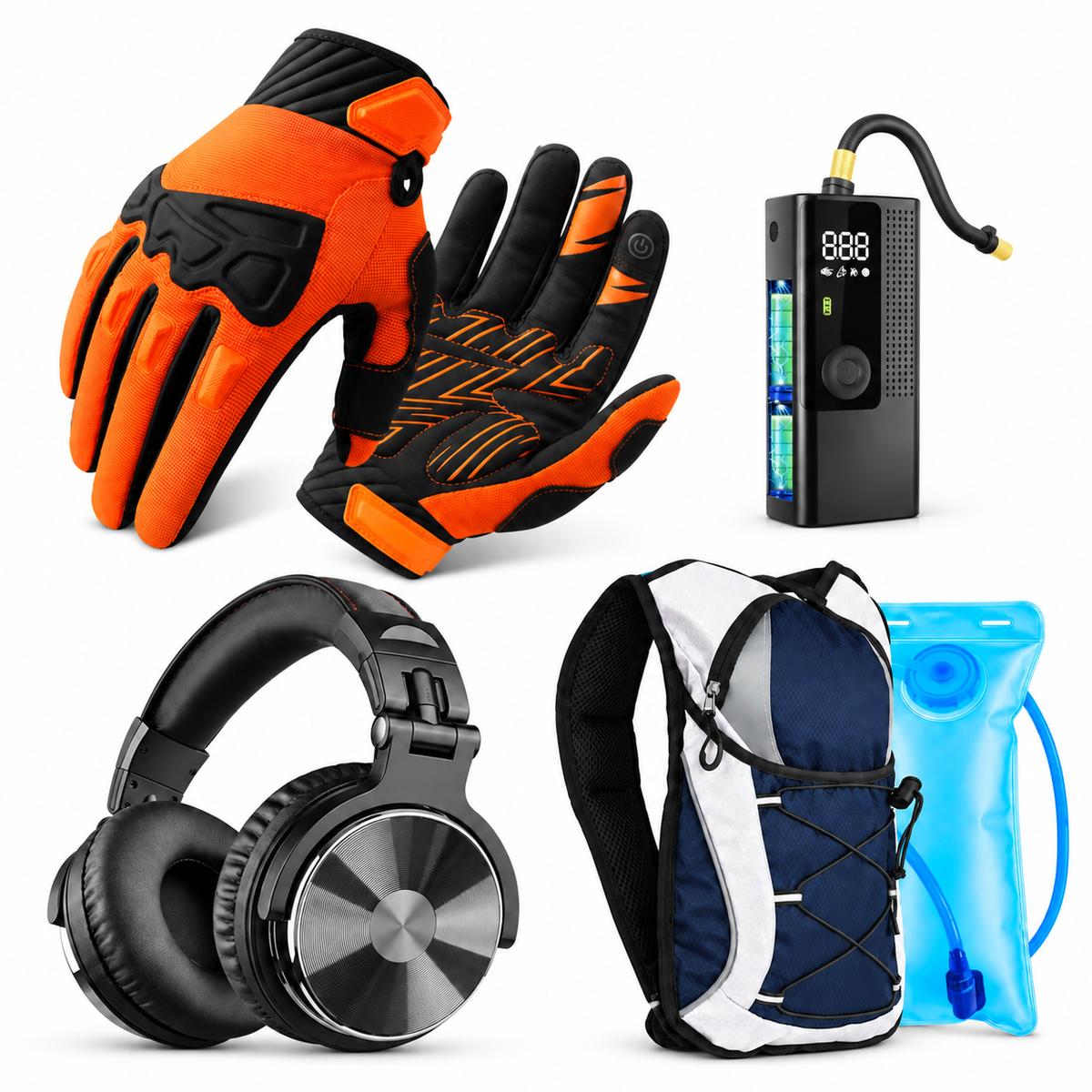  Ride Ready Essentials Bundle with cycling gloves tyre inflator headphones and hydration backpack